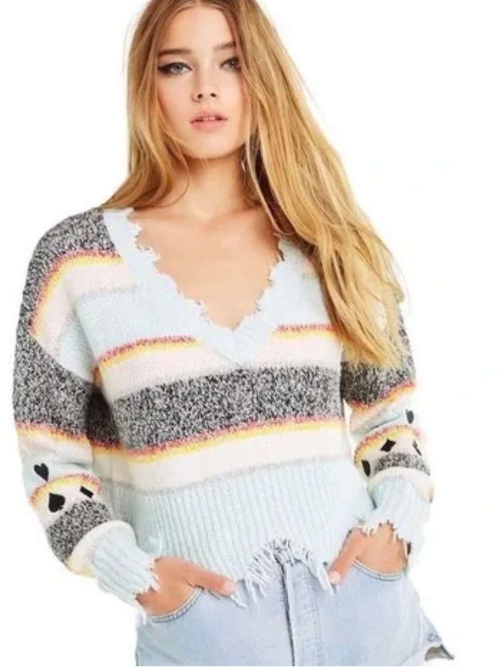 WILDFOX Light Blue Multicolor Striped V-Neck Cropped Sweater